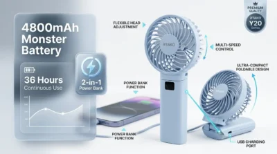 Infographic of Rtako Y20 fan highlighting its 4800mAh battery and power bank functionality with a 36-hour runtime label.
