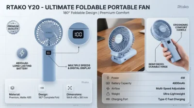 E-commerce infographic showing the Rtako Y20 foldable design and premium ABS plastic build quality with exact dimensions.