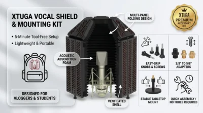 E-commerce infographic illustrating the quick 5-minute setup and universal mounting kit of the XTUGA isolation shield.