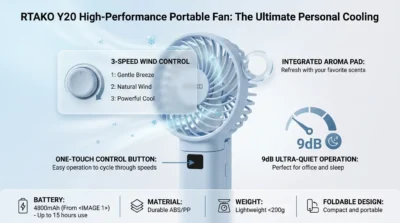 Infographic illustrating the 3-speed wind settings and 9dB ultra-quiet motor of the Rtako Y20 handheld fan.