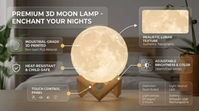 A professional infographic of a 3D-printed moon lamp on a wooden stand, highlighting its realistic lunar texture and child-safe PLA material.