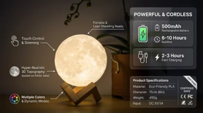 A detailed infographic for a rechargeable moon lamp highlighting its 500mAh battery, 10-hour runtime, and 3-hour USB charging capability.