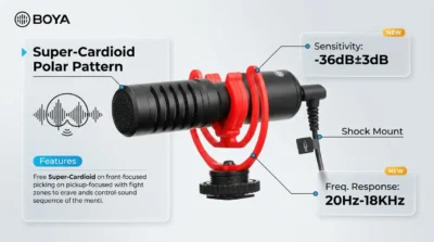 Infographic showing Boya BY-MM1+ super-cardioid polar pattern and sensitivity specs for content creators.