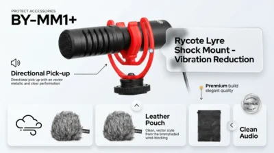 Product infographic highlighting the Rycote Lyre shock mount and furry windscreen of the Boya BY-MM1+ microphone.