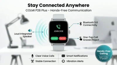 E-commerce infographic illustrating the Bluetooth calling feature and speaker performance of the COLMI P28 Plus