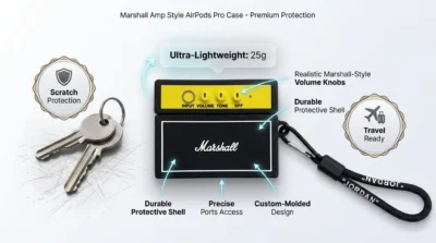 Infographic illustrating the portability of the 25g guitar amp AirPods case with a keychain loop for easy attachment to bags.