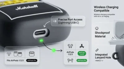 Technical infographic of the AirPods case showcasing the charging port cutout, LED indicator visibility, and compatibility with various AirPods models.