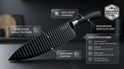 Infographic showing the wave-patterned blade texture and non-slip handle design of the Zepter 6pcs knife set.