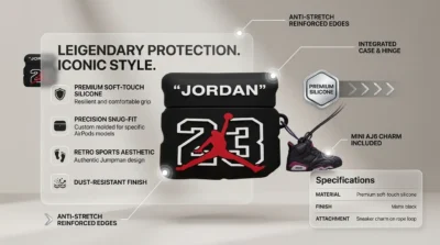 Infographic showing a Jordan 23 inspired black silicone AirPods case with text callouts highlighting its build quality and iconic retro design.