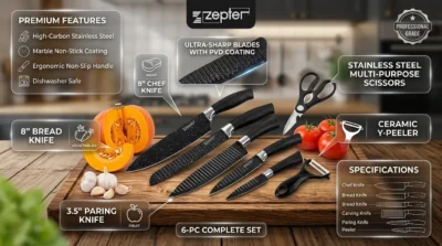 E-commerce infographic displaying all six pieces of the Zepter knife set with labels and fresh cooking ingredients.
