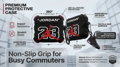 E-commerce infographic detailing the protective features of the Jordan 23 AirPods case, including drop protection and scratch resistance.