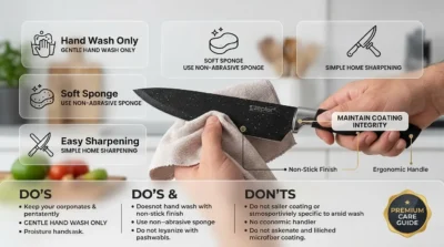 Infographic illustrating maintenance tips for the Zepter knife set, including hand washing and drying instructions.