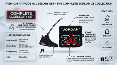 Product infographic showcasing the Jordan 23 AirPods case set along with its mini shoe charm accessory as a perfect gift for fans.