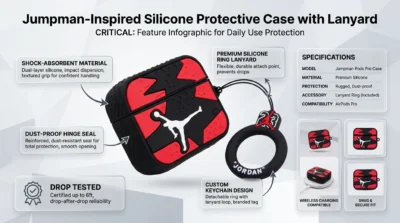 Infographic showing the shock-absorption and dust-protection features of the Jumpman AirPods case.