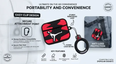 Infographic demonstrating the portability of the Jumpman AirPods case via its carabiner attachment point.