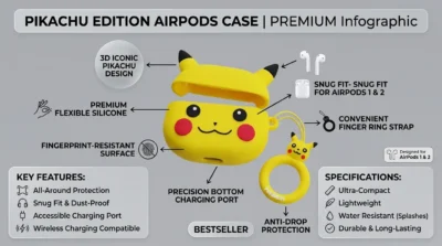 Infographic showing the 3D Pikachu design of the yellow silicone AirPods case with feature labels for material quality and design details.