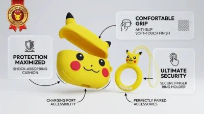 Product infographic showcasing the shockproof silicone material and the finger ring holder for the Pikachu AirPods case.
