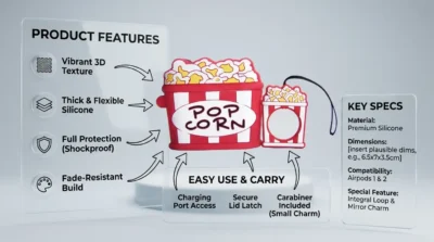 Infographic showing the creative 3D design and thick silicone build quality of the red and white popcorn bucket earbuds case.
