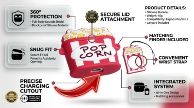 E-commerce infographic detailing the protective features, secure lid, and charging port cutout of the popcorn earbuds case.