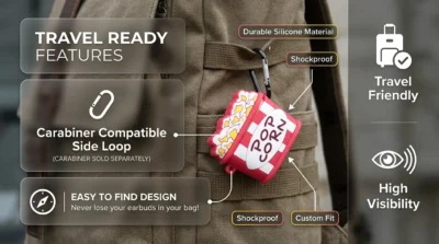 Infographic illustrating the portability, side loop attachment, and high-visibility design of the popcorn bucket earbuds case.