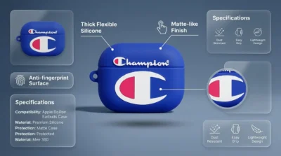 Champion style blue silicone earbuds case showing matte finish and premium build quality with feature labels.