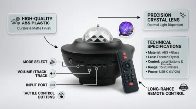 Product infographic showcasing the durable ABS build, crystal lens, and tactile buttons of the Starry Sky Galaxy Projector and its remote.