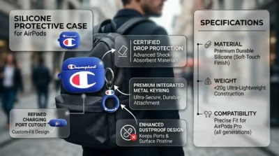 Shockproof blue earbuds case with metal keyring attached to a bag strap for portable protection.