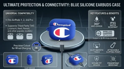 Compatibility infographic for blue silicone case showing wireless charging support and AirPods model fitment.