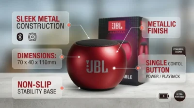 Infographic of the JBL M3 Mini speaker highlighting its metallic build, pocket-sized dimensions, and non-slip base.