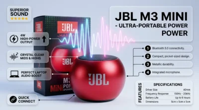 Product infographic showing the 4W sound performance and high-clarity audio features of the JBL M3 Mini Bluetooth speaker.