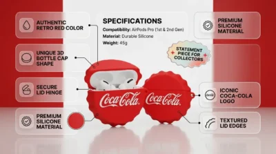 Infographic showing the iconic 3D Coca-Cola bottle cap design of the red silicone AirPods case with retro styling.