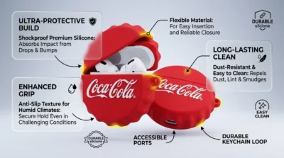 Product infographic explaining the durability of the silicone AirPods case, featuring humidity and shock resistance labels.