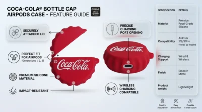 Infographic detailing the charging capabilities of the Coca-Cola AirPods case, including the charging port cutout and wireless charging compatibility.