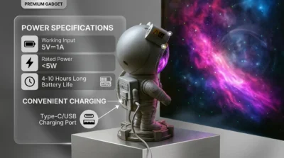 Product infographic detailing the USB charging, 5V input, and 4-10 hour battery life specifications of the Astronaut Projector.