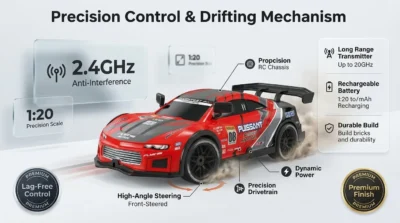 Infographic showing the 1:20 scale RC drift car with 2.4GHz precision control and drifting mechanism highlights.