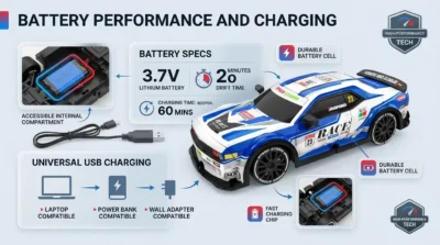 Infographic illustrating the 3.7V Lithium battery life and USB charging convenience of the RC car.
