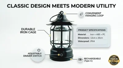 Infographic showing a black retro camping lantern highlighting its iron frame, 12x20cm dimensions, and IPX4 waterproof rating with a classic vintage design.