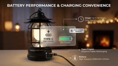 Product infographic detailing the Type-C charging port, 2000mAh battery capacity, and long-lasting performance of the retro rechargeable lantern.