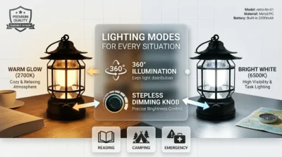 Infographic demonstrating the dual warm and white light modes, 360-degree distribution, and the stepless dimming knob of the retro camping light.