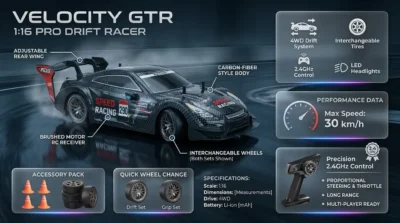 Infographic showing a 1:16 scale RC drift car mid-maneuver, highlighting its 4WD system, 30 km/h speed, and interchangeable drift and racing tires.