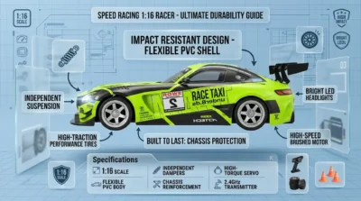 A product infographic breakdown of an RC racer's build quality, featuring its flexible PVC shell, stable suspension system, and functional LED headlights.