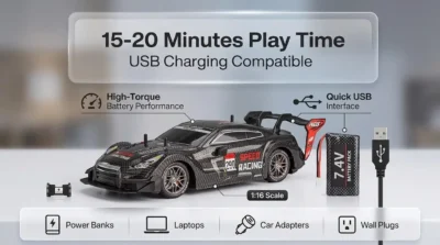 E-commerce infographic detailing the RC drift car battery life, 7.4V rechargeable pack, and universal USB charging convenience.
