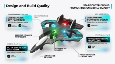 Infographic showing the durable EPP foam construction and futuristic design of the Remote Control Starfighter Drone Plane.