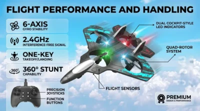 E-commerce infographic detailing the 6-axis gyro, 2.4GHz frequency, and stunt capabilities of the Starfighter RC drone.