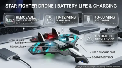 Product infographic highlighting the 10-12 minute flight time, USB charging convenience, and low-battery alarm of the Starfighter drone.