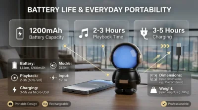 Infographic detailing the 1200mAh battery life, charging time, and portable design of the X808 astronaut speaker.