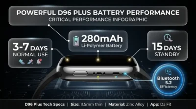 Infographic showing the D96 Plus Smartwatch with its 2.02-inch HD display and four colored interchangeable straps.