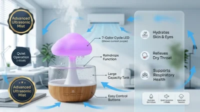 Health-focused infographic showing how the Cloud Rain Humidifier combats air dryness in AC environments to protect skin and respiratory health.