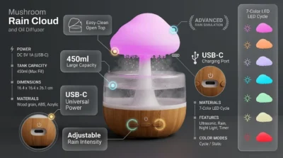 Technical infographic of the Cloud Rain Humidifier showing the 450ml tank, wood grain base, USB-C power port, and 3-button control system.