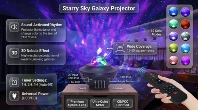 Infographic showing a bedroom ceiling covered in 3D galaxy projections from the Starry Sky Galaxy Projector, highlighting its 10 color modes and music sync feature.